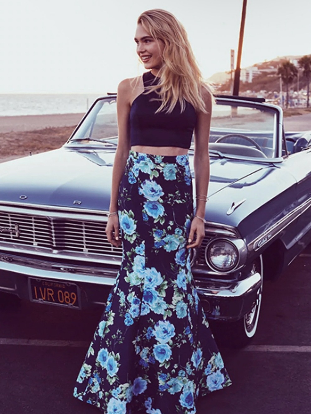 Sequin Hearts Blue Green Floral Two-Piece Mermaid Formal Prom Dress Size 3